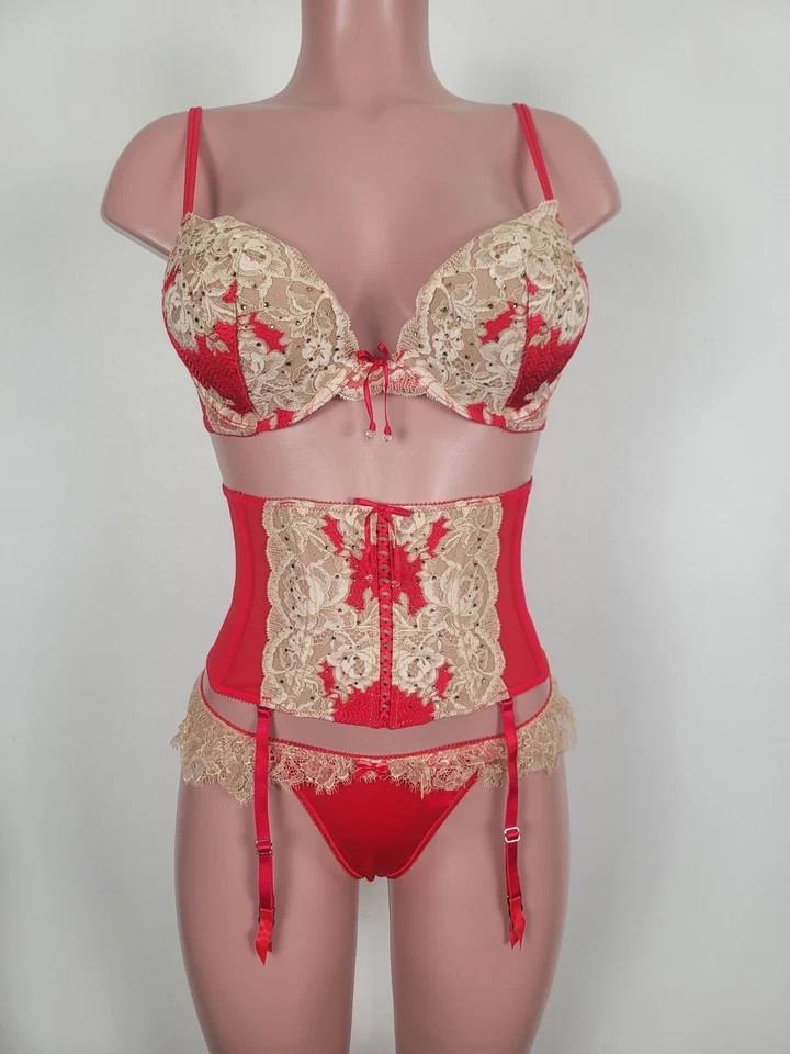 Victoria's Secret Bombshell Push Up Bra Set Panties Thong Garter Belt 34B Small - Image 2 of 4