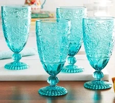 Four (4) Pioneer Woman ~ AMELIA ~ 14.7 Ounce ~ Embossed Glass ~ TEAL Goblet