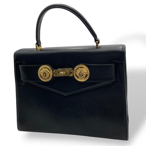 GIANNI VERSACE Medusa Leather Handbag Black Vintage Rare Auth Used From Japan