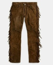 Men Native American Western Cowboy Leather Pants Full Leg Fringe Suede Leather