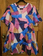 THML Mini Dress Womens M Colorful Boho Geometric Puff Sleeve Tiered Lined Boho