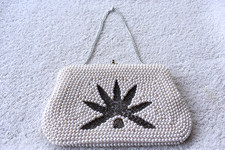 White Faux Pearl Beaded Evening Clutch with chain Purse Vtg 7.5X4.5 Maple Leaf