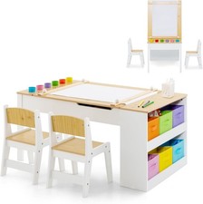 Kids Art Table and Chairs Set with Storage Box Paper Roller Drawing Desk 6 Cups