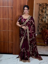 Designer Sari Bollywood Bridal Wine Saree Blouse Wedding Saree Party Wear Saree