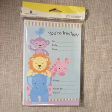 American Greeting Invitation Baby Shower Zoo Animals Blue 20 Count