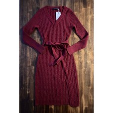Merokeety Women's Medium Sweater Dress V Neck Belted Cable Knit Midi Bodycon