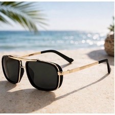 Men's Square Aviator Sunglasses Gold Frame Black Lenses Elastic Temples