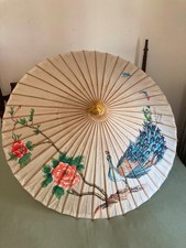 Antique Vintage Chinese Japanese Parasol Bamboo Rice Paper  Silk Hand Painted