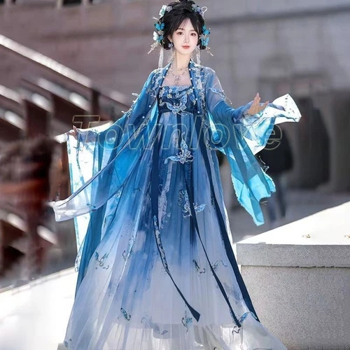 VETEMENTS Costume donna retrò ricamo cinese fata blu vestito abito canapa set 3 pezzi