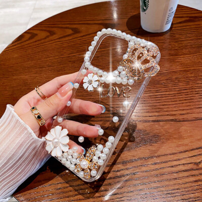 Elegantes Diamant-Perlen-Blumen Handyhülle für iPhone 14 13 12 11 Pro Max Plus X