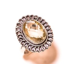 Green Amethyst Oval Gemstone Silver Overlay Handmade Statement Ring US-8.5 N1426