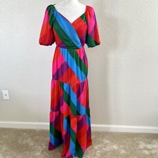 Skies are Blue Iliana Tiered Pink Colorful Maxi Dress Size Small Puffy Sleeve