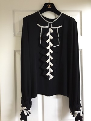 CHANEL 08A UNIQUE Black Ecru RUFFLED BLOUSE With Bow and CC logo buttons FR40