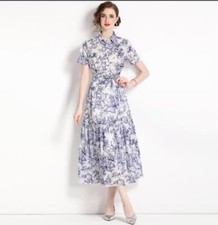Womens Chic Printed Turn Down Collar Short Sleeves Long Flared Shirt Dress NWON