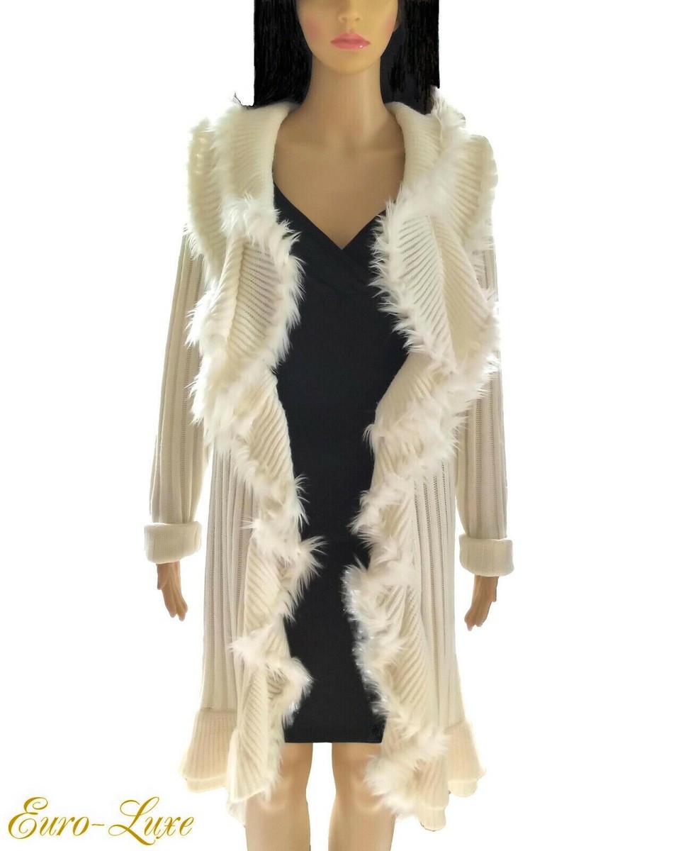 ALFANI IVORY CREAM FUR TRIM SCALLOP TIERED RIBBED SWEATER DRESS M 4 & 6 |  eBay