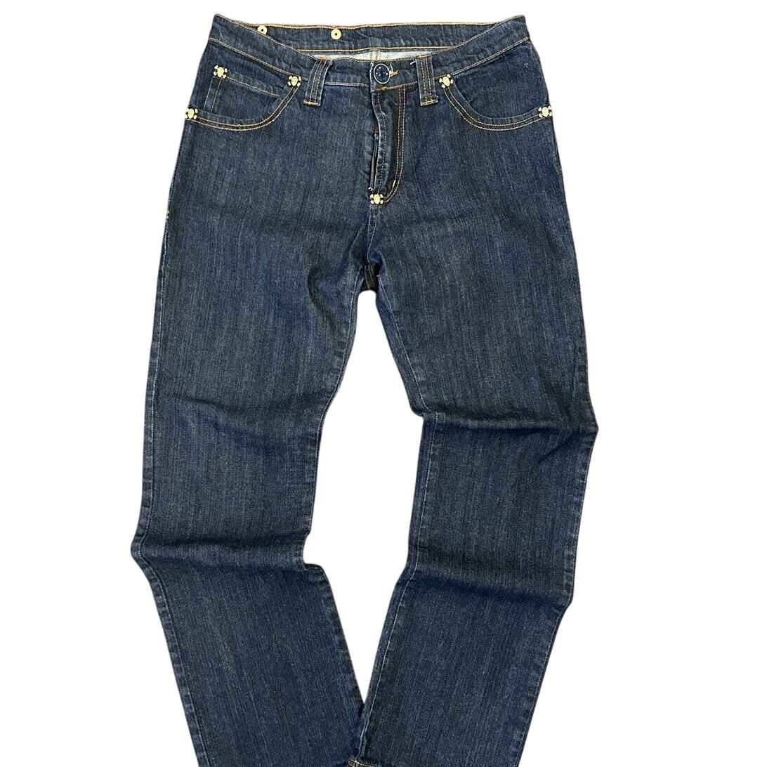 Frankie Morello Indigo Contrast Stitch Gold Skull Stud Denim Jeans