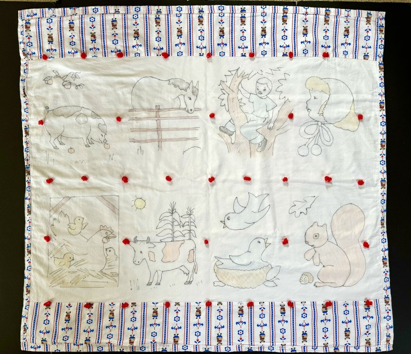 Vintage Hand Made Reversible Baby Blanket Light Quilt Farm Animals Teddy Bear