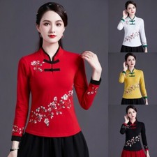 Femme Chinois Haut Chemise Chemisier Long Manche Broderie Fleur Décontracté