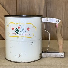 Vintage Androck Hand-i-Sift Flour Sifter Red Tulips/Flowers-Red Wood Handle