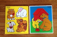 Vintage PLAYSKOOL Wooden Puzzles Animals My Pets 180-08 Dogs 186-03 Bunny Cat