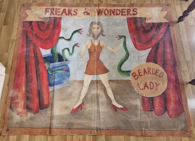 VINTAGE CIRCUS SFREAK & WODERS BANNER BEARDED LADY 79'' X 65''