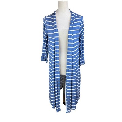 Posh Peanut M Blue White Stripe Bamboo Blend 3/4 Sleeve Mama Robe MISSING SASH