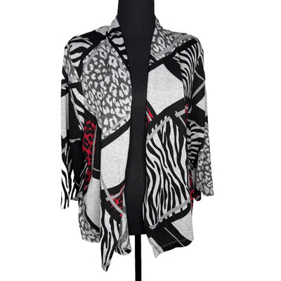 Alfred Dunner Petite Cardigan Size:PL Animal Print Stretch Open Front Gray Black