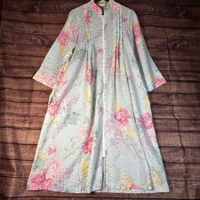 Miss Elaine Floral Zip Front Seersucker House Coat Dress Pintuck Large Pockets