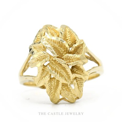 Skulpturaler Lorbeerblatt Cluster Ring Diamantschliff Facetten geteilter Schaft in 14k gelb