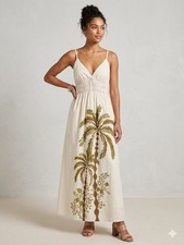 Japra Ivory Palm Print Maxi Dress Smocked Waist Spaghetti Strap Boho Resort XL