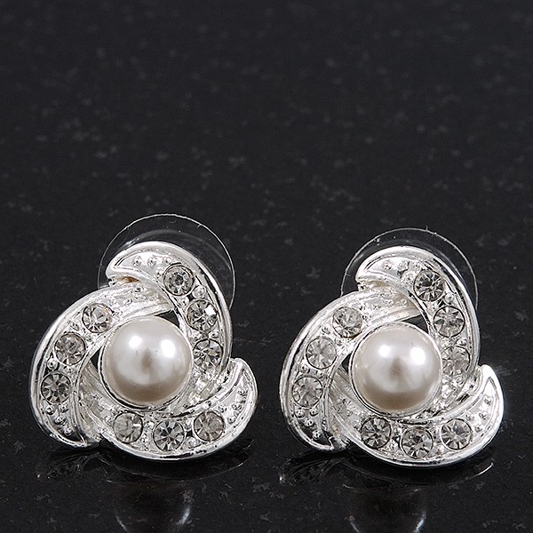 Bridal Crystal and Simulated Pearl Stud Earrings in Rhodium – 18mm
