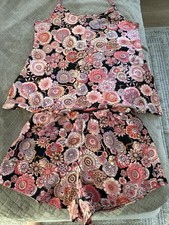 Womens Satin Black/ Pink Floral Retro Print 2PC PJ Short Set NWOT and Label