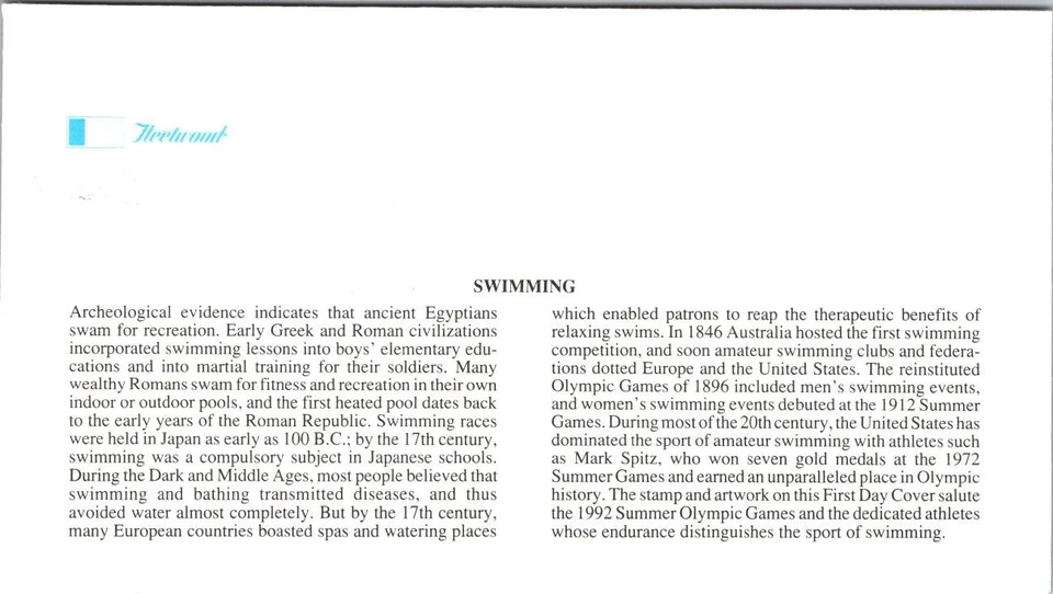 FDC 1992 SC #2639 Fleetwood Cachet, Swimming - Baltimore MD - J17451 - Image 2 of 2