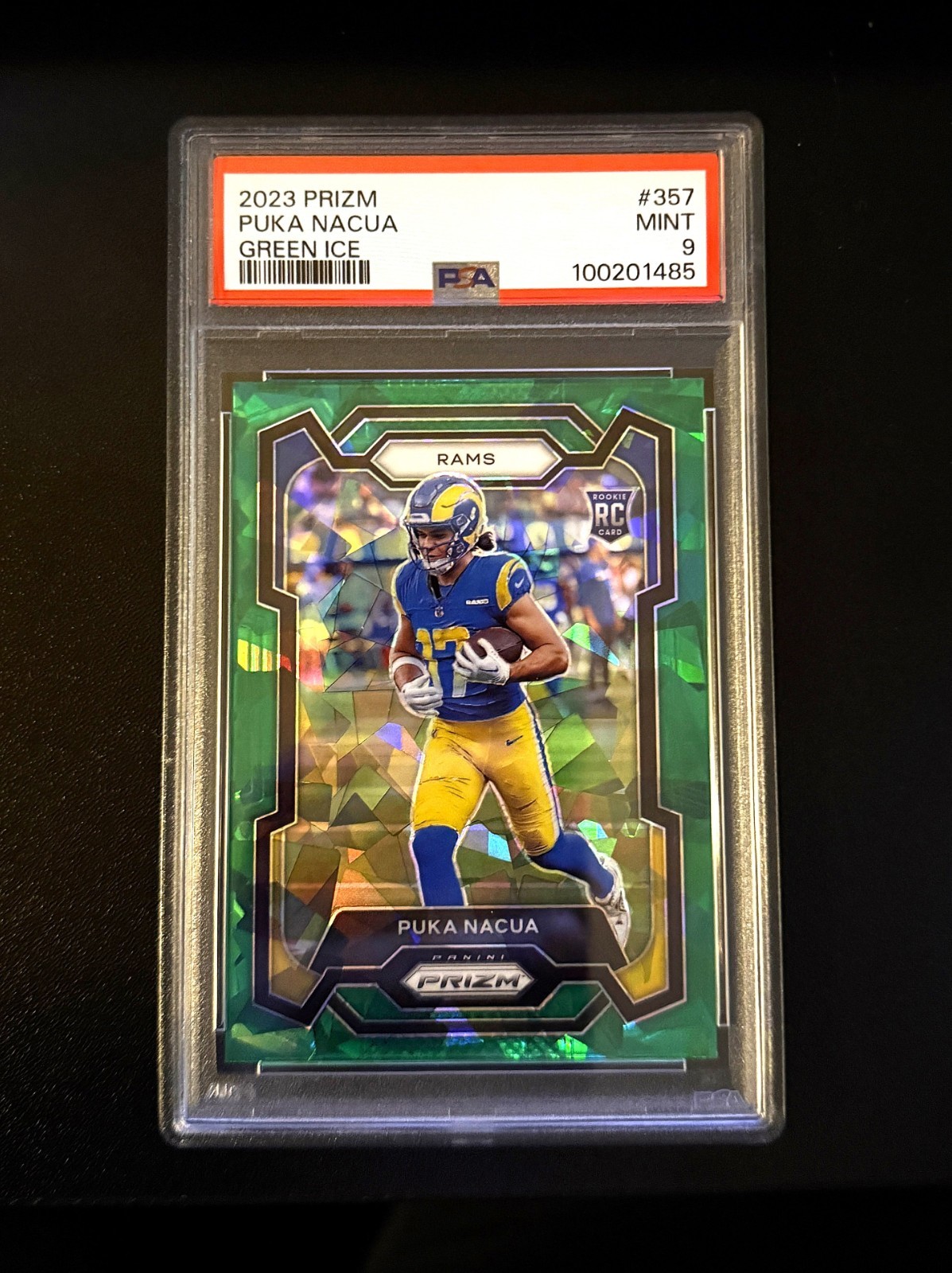 2023 Panini Prizm Puka Nacua #357 rookie card Green Ice, PSA 9 Mint