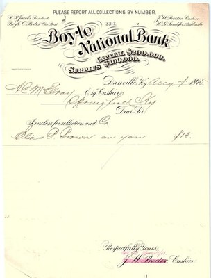 1895 Boyle National Bank Danville KY billhead collection let