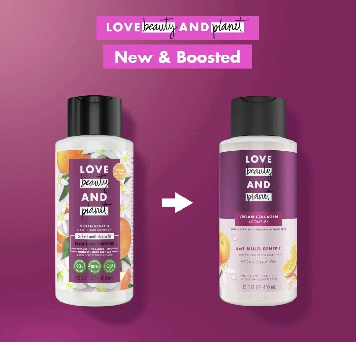 Love Beauty & Planet Shampoo Vegan 5 In 1 Keratin & Sun-kissed Mandarin 13.5ozX2