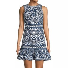 Alice + Olivia Rapunzel Mini Dress Embroidered Blue Denim Floral Chambray 8 10