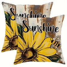 2 Pack Sunshine Sunflower Bee Pillow Covers Rustic Wood Grain Sofa Decor