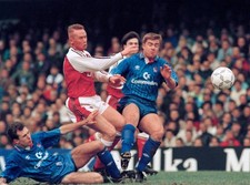 Tony Dorigo Darren Hall of Chelsea crowd out Perry Groves of Arsen- Old Photo