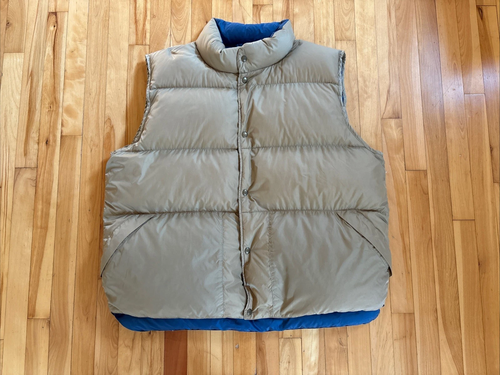 Vintage LL Bean OUTDOORS Men's 2XL Goose Down Puffer Vest Jacket Beige & Blue