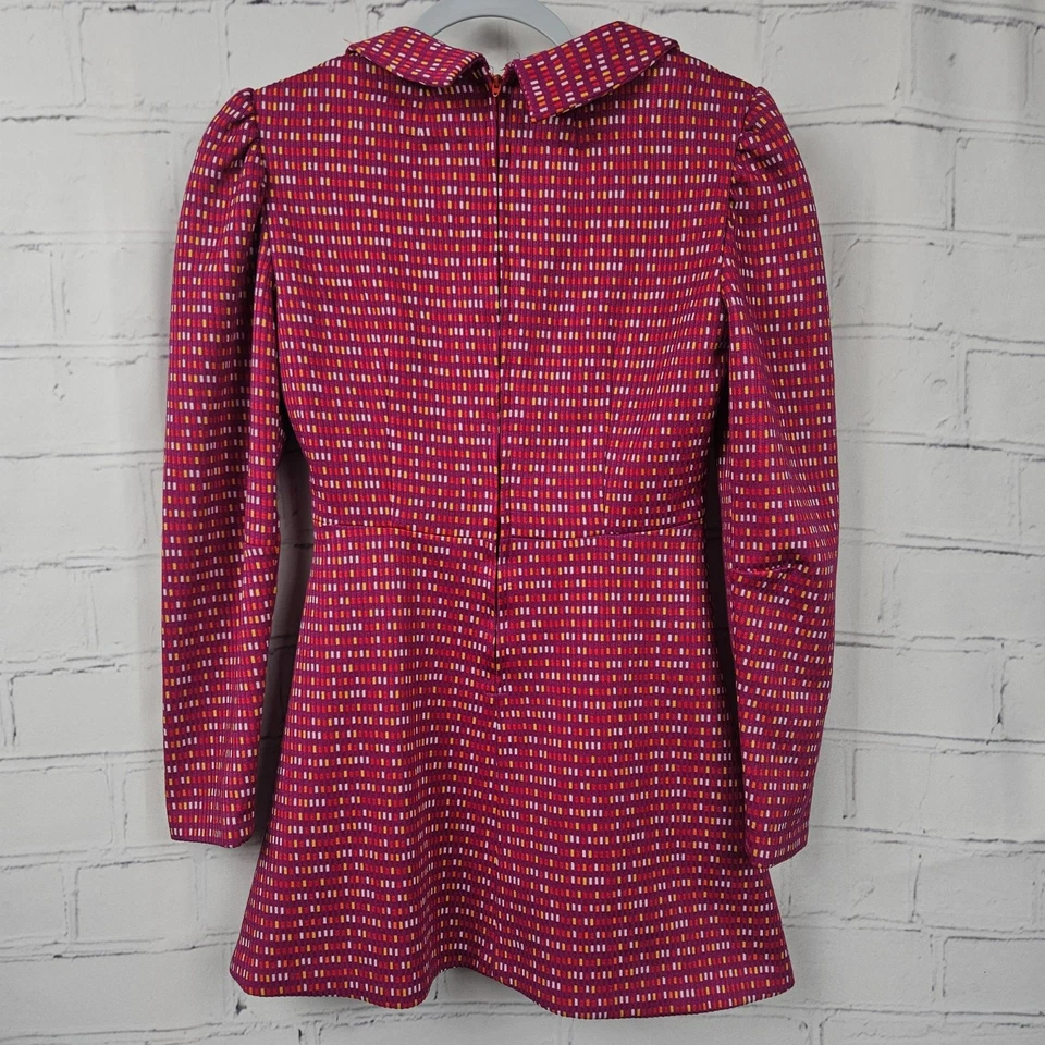 Vintage 1970s Red Pink Geometric Womens M Long Sleeve A Line Dress Point Collar - Image 3 of 4