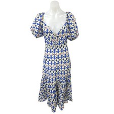 Zara Blue White Printed Short Puff Sleeve Smocked V-Neck Midi A-line Dress Sz L