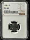 1943  1C Lincoln Wheat One Cent  NGC MS66  6813995-001