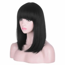 15 Inch Short Straight Black Bob Wig with Bangs Natural Heat Resistant Synthet
