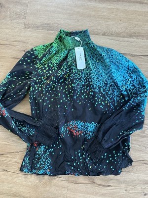 Designer Seidenbluse Akris punto Mock Neck NEU Schwarz Bunt Luxus Gr.34/XS Bluse