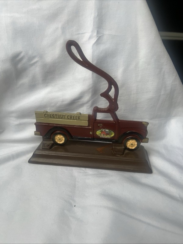 Vintage Cast Iron Chestnut Creek Country Red Farm Truck Nut Cracker Wooden Stand