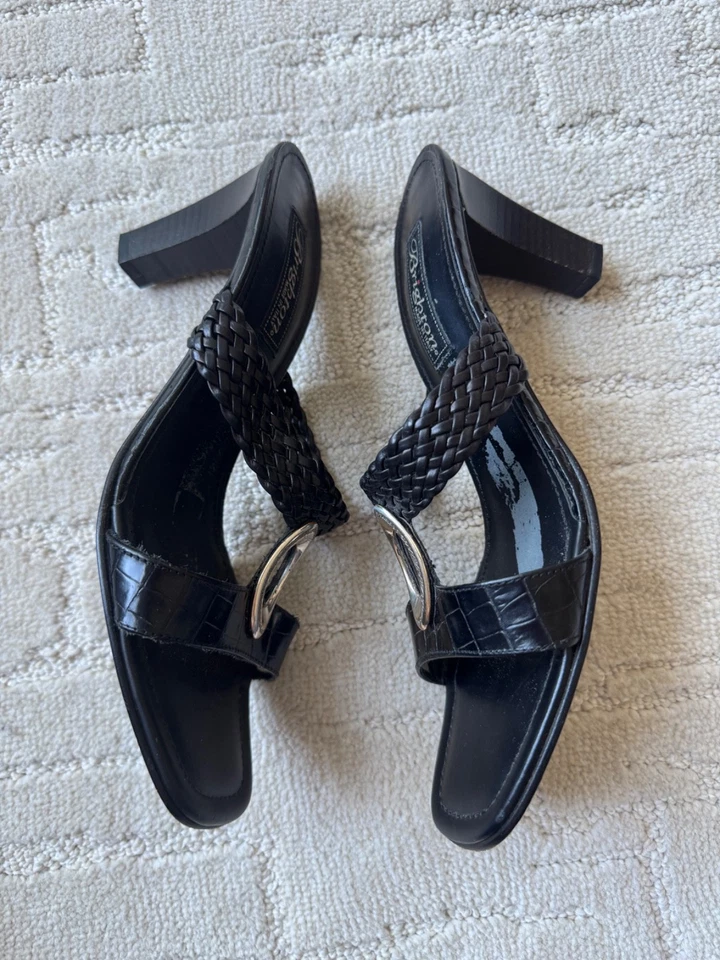 Sandalias De Colección Y2K Brighton Rebeca Gatito Tacón Cuero Negro Plata Acento 9N Foto 4 de 4