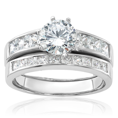 925 Sterling Silver Cubic Zirconia Solitaire Engagement Set Plain
