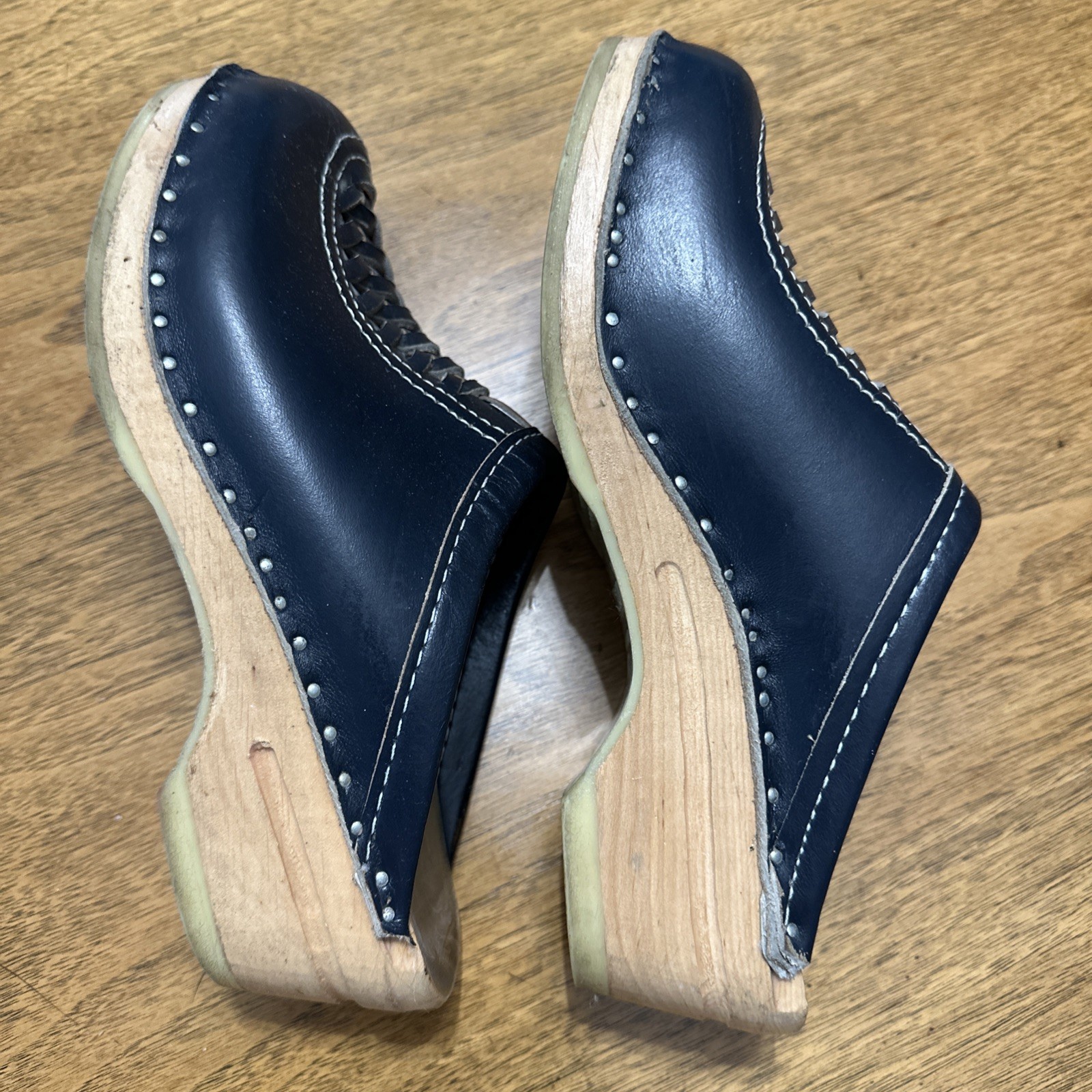 SAOLA Bastad zoccoli svedesi originali 36 US 6 blu pelle suola legno