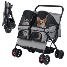 COSTWAY Double Pet Stroller Foldable Twin Dog Walk Jogger 2-seater Carrier Grey